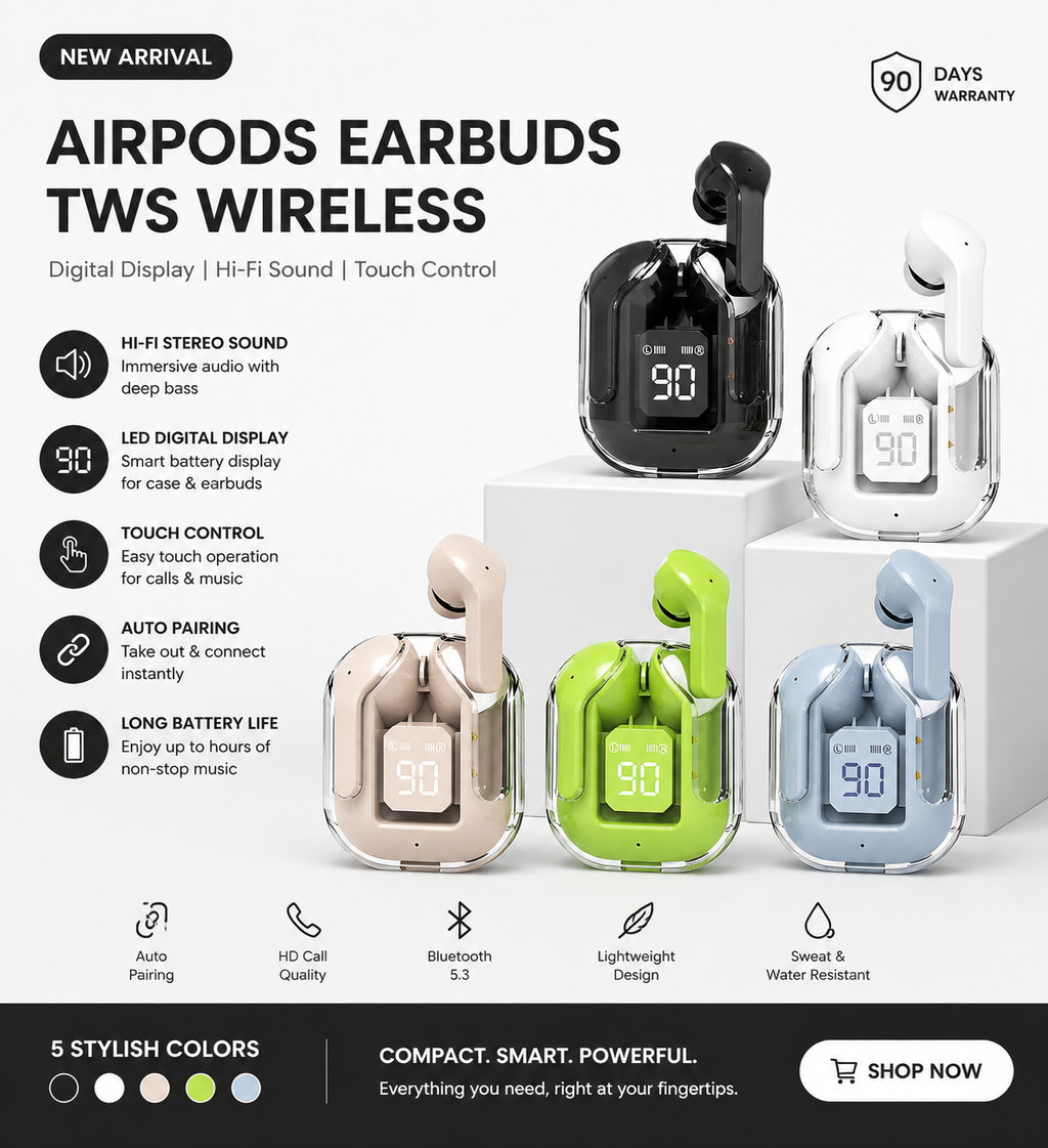 Wireless TWS Earbuds with LED Display – Multi-Color Charging Case, Hi-Fi Sound & Touch Control