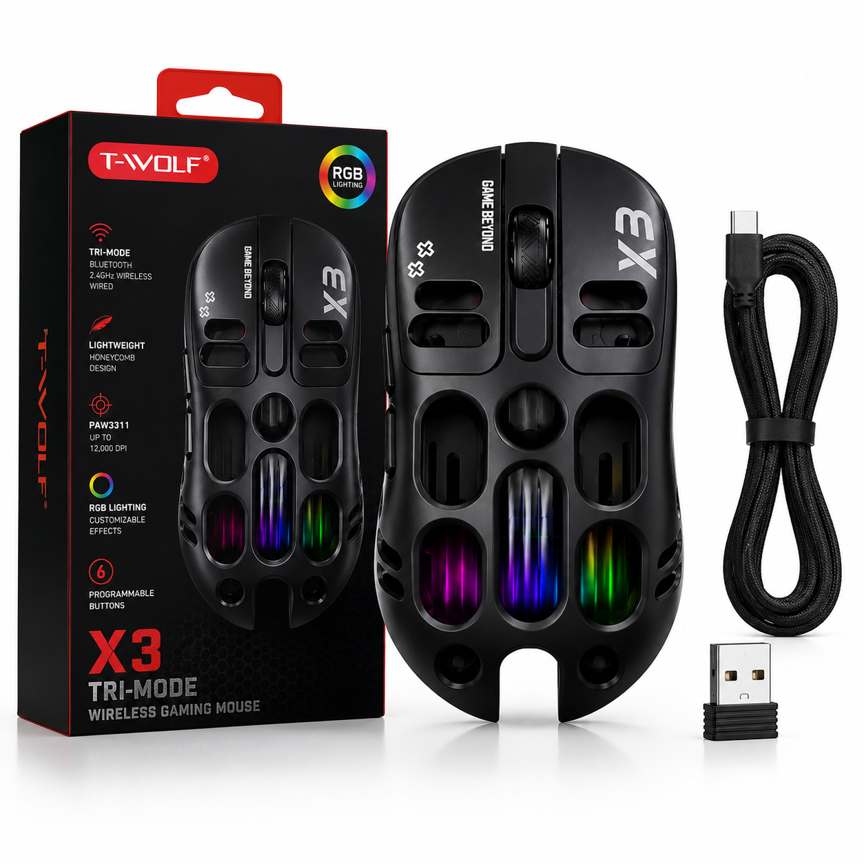 T-WOLF X3 Wireless Gaming Mouse – Tri-Mode RGB Lightweight Honeycomb Mouse with 12000 DPI
