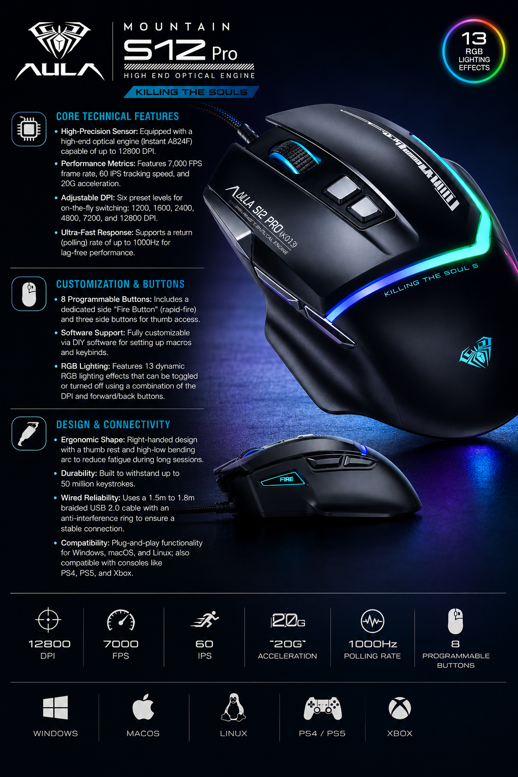 AULA S12 Pro Gaming Mouse 12800 DPI RGB Wired Mouse for PC, PS5, Xbox & Laptop | Souq Choice