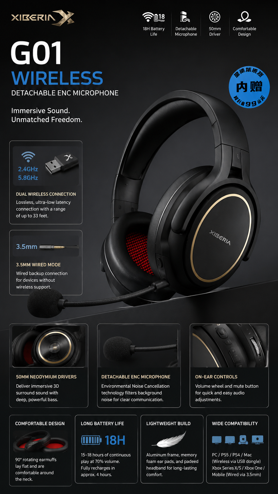 XIBERIA G01 Wireless Gaming Headset with Detachable ENC Mic, 50mm Drivers, 18H Battery & Low Latency for PC, PS5, PS4, Xbox & Mobile | Souq Choice