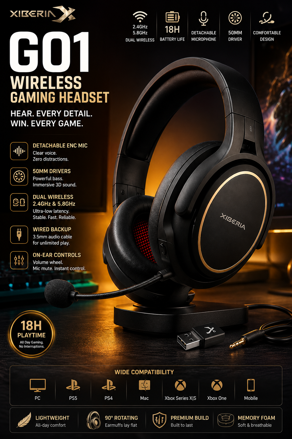 XIBERIA G01 Wireless Gaming Headset with Detachable ENC Mic, 50mm Drivers, 18H Battery & Low Latency for PC, PS5, PS4, Xbox & Mobile | Souq Choice