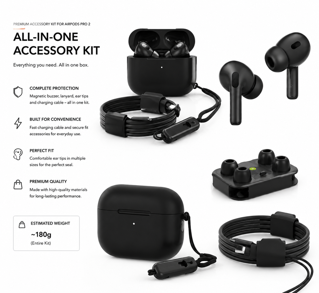 AirPods Pro 2 Accessories Bundle – Magnetic Buzzer, Lanyard, Extra Airtips & Fast Charging Cable