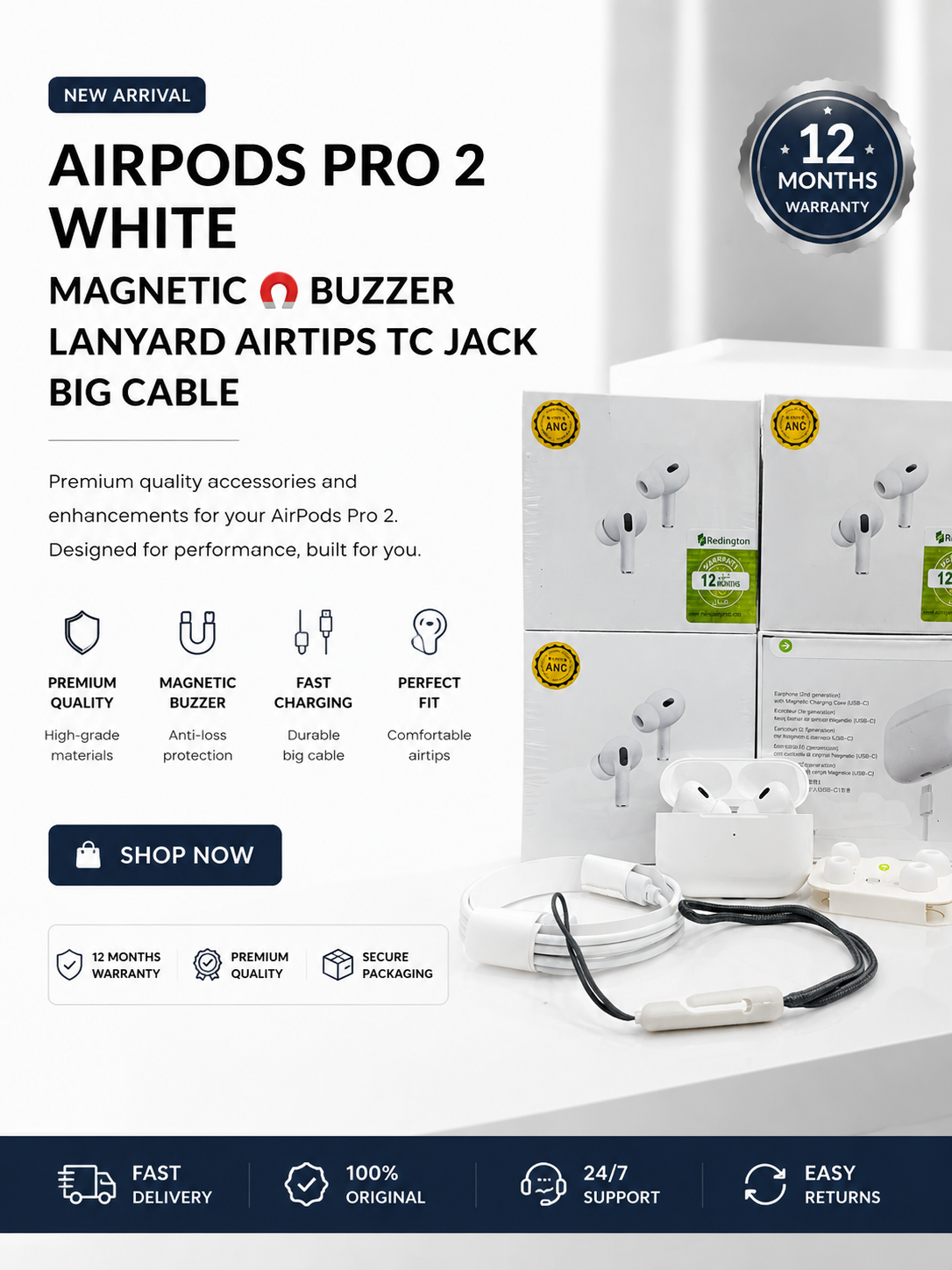 AirPods Pro 2 Accessories Bundle – Magnetic Buzzer, Lanyard, Extra Airtips & Fast Charging Cable
